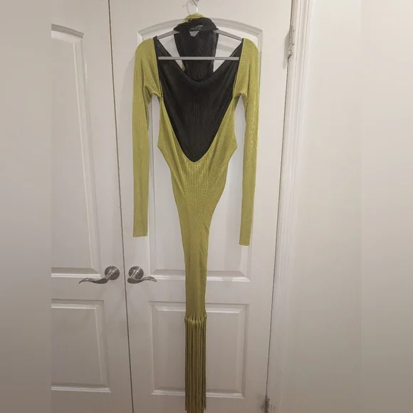 B3. NWOT BOTTEGA VENETA FRINGE TRIMMED RIBBED KNIT MAXI HALTER DRESS - Picture 6 of 9